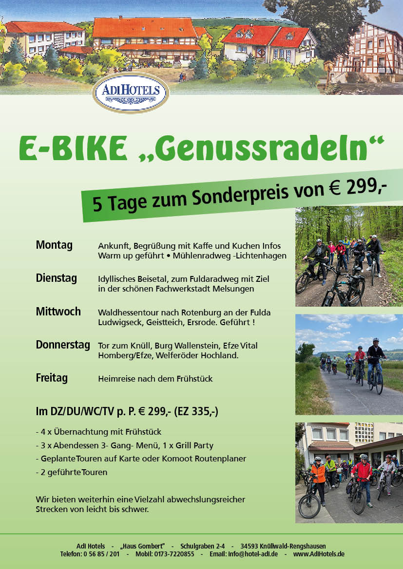 Gedruckter Flyer von ADI HOTELS KNÜLLWALD: E-Bike Genussradeln, 5 Tage für 299 Euro, mit Tagesprogramm Montag bis Freitag