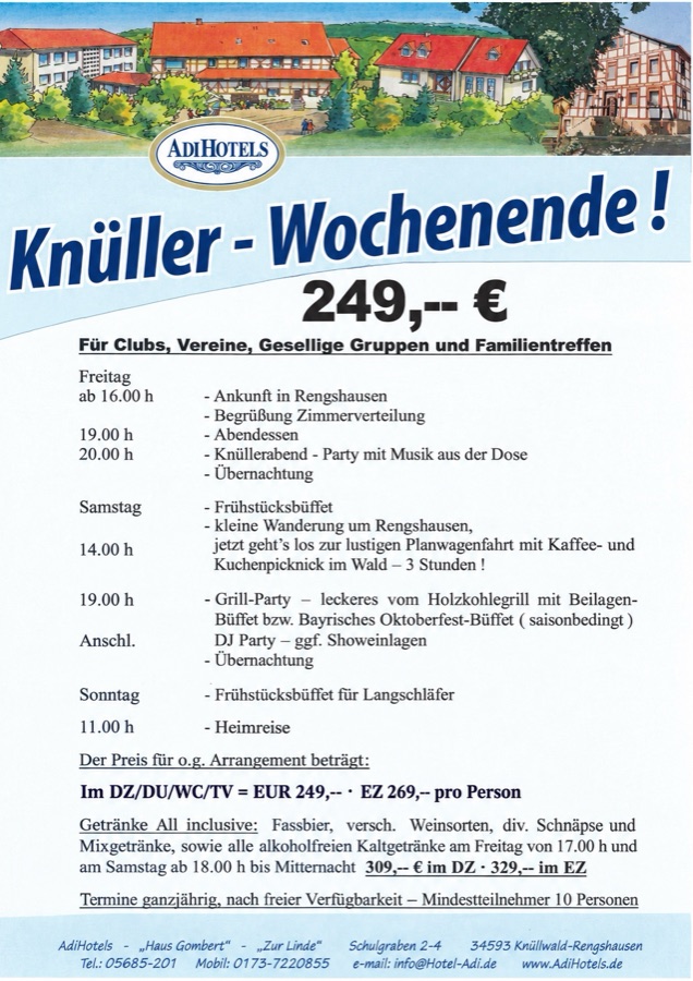 Gedruckter Flyer von ADI HOTELS KNÜLLWALD: Knüller-Wochenende für Clubs, Vereine, gesellige Gruppen und Familientreffen, 249 Euro im Doppelzimmer und 269 Euro im Einzelzimmer, Getränke all inclusive 309 bzw. 329 Euro, Programm von Freitag bis Sonntag