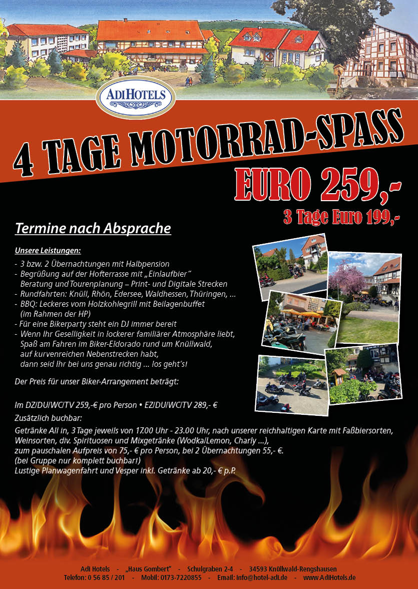 Gedruckter Flyer von ADI HOTELS KNÜLLWALD: 4 Tage Motorrad-Spaß für 259 Euro, 3 Tage für 199 Euro, mit Leistungen und Tourenangebot
