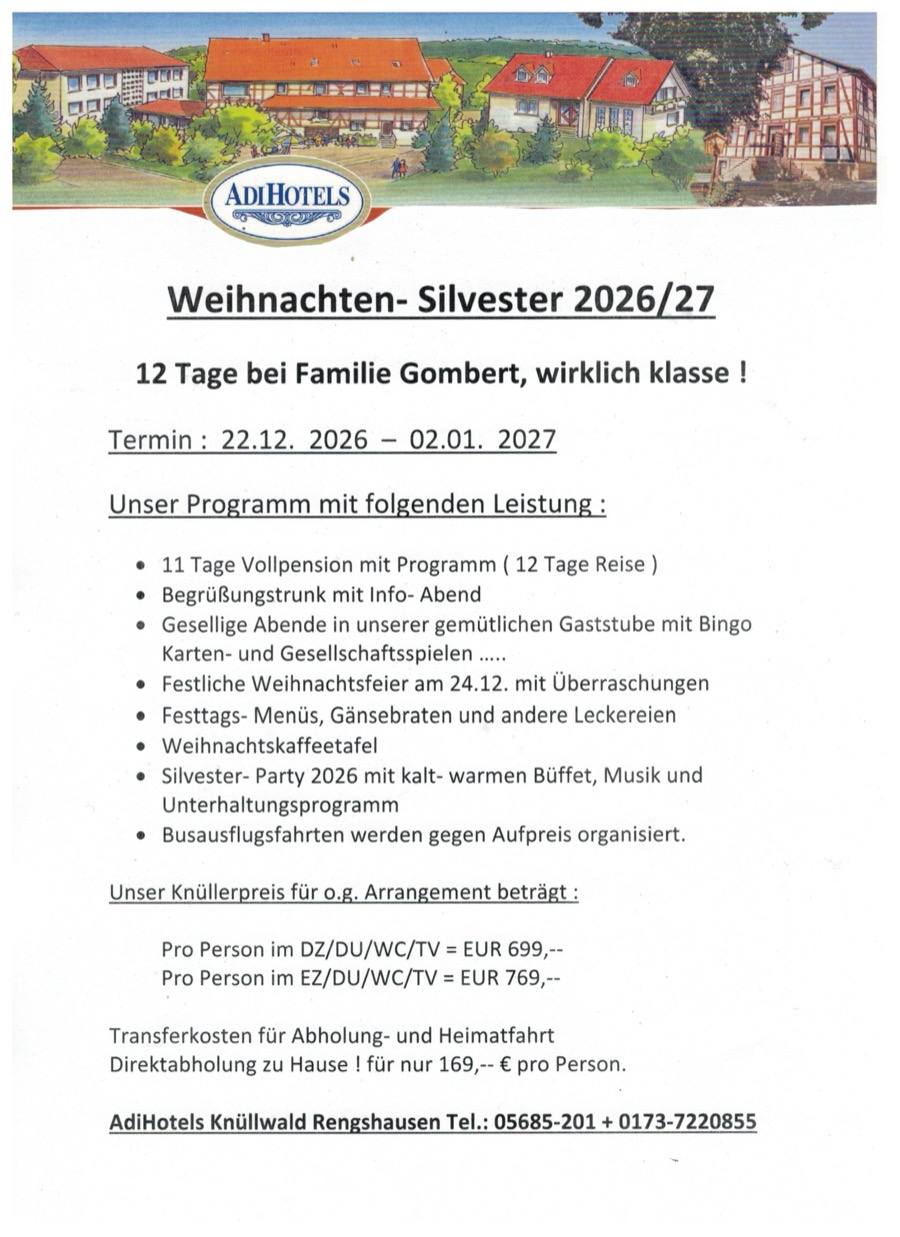 Gedruckter Flyer von ADI HOTELS KNÜLLWALD: Weihnachten und Silvester 2026/27, 12 Tage vom 22.12.2026 bis 02.01.2027 bei Familie Gombert, 699 Euro im Doppelzimmer und 769 Euro im Einzelzimmer, mit Programm und Leistungen