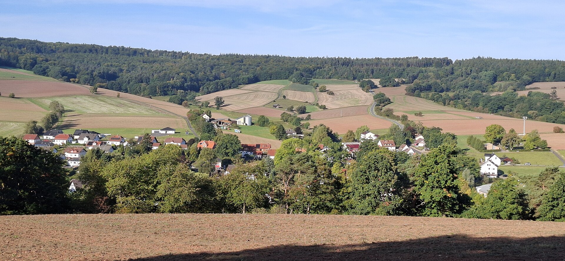 Blick auf Rengshausen mit Feldern und Wald im Knüll
