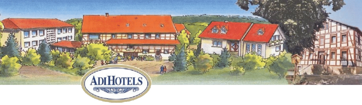 Aquarell-Zeichnung der Gebäude von ADI HOTELS KNÜLLWALD in Knüllwald-Rengshausen mit dem AdiHotels-Logo